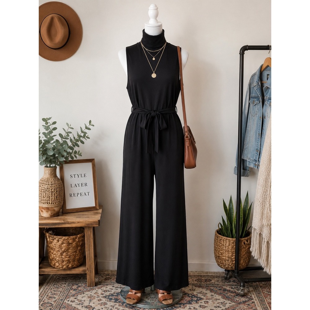 NWT Lauren Ralph Lauren Black Jumpsuit SZ L Wide Leg Fringe Belt Minimal Layer